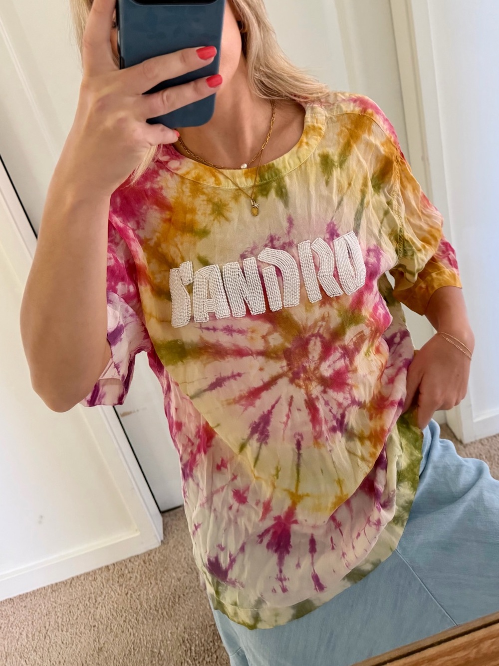 Sandro Spiral Tie Dye Beaded Zip Up Tee Small
